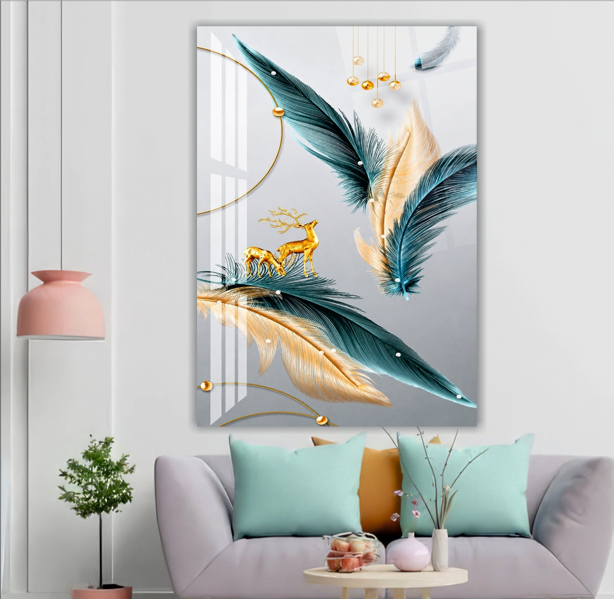 POPÜLER-71 Tüy, Geyik ve Altın Detaylı Modern Dekoratif Cam Tablo