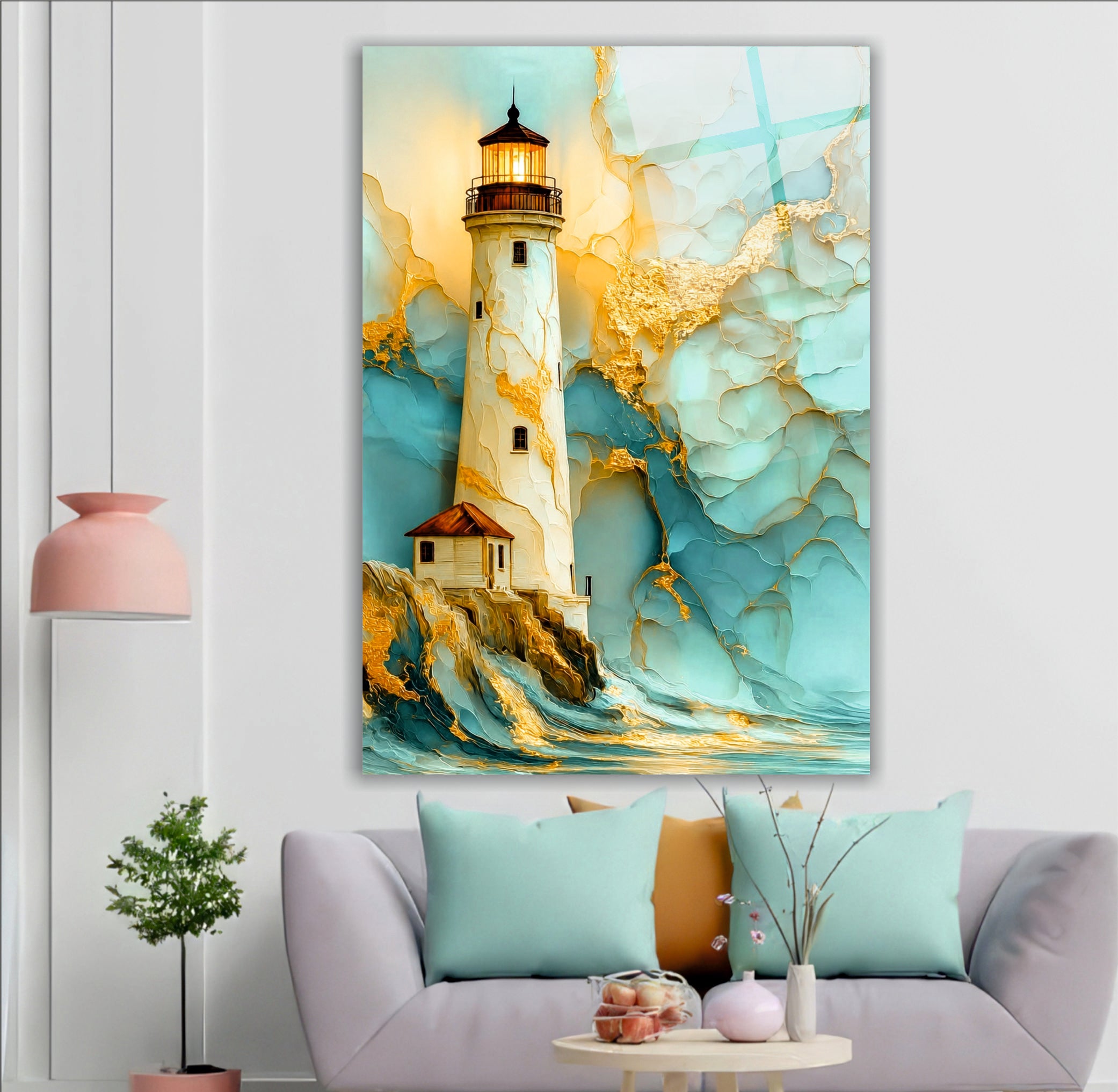 POPÜLER-77 Turkuaz Gold Deniz Feneri Temalı Dekoratif Cam Tablo
