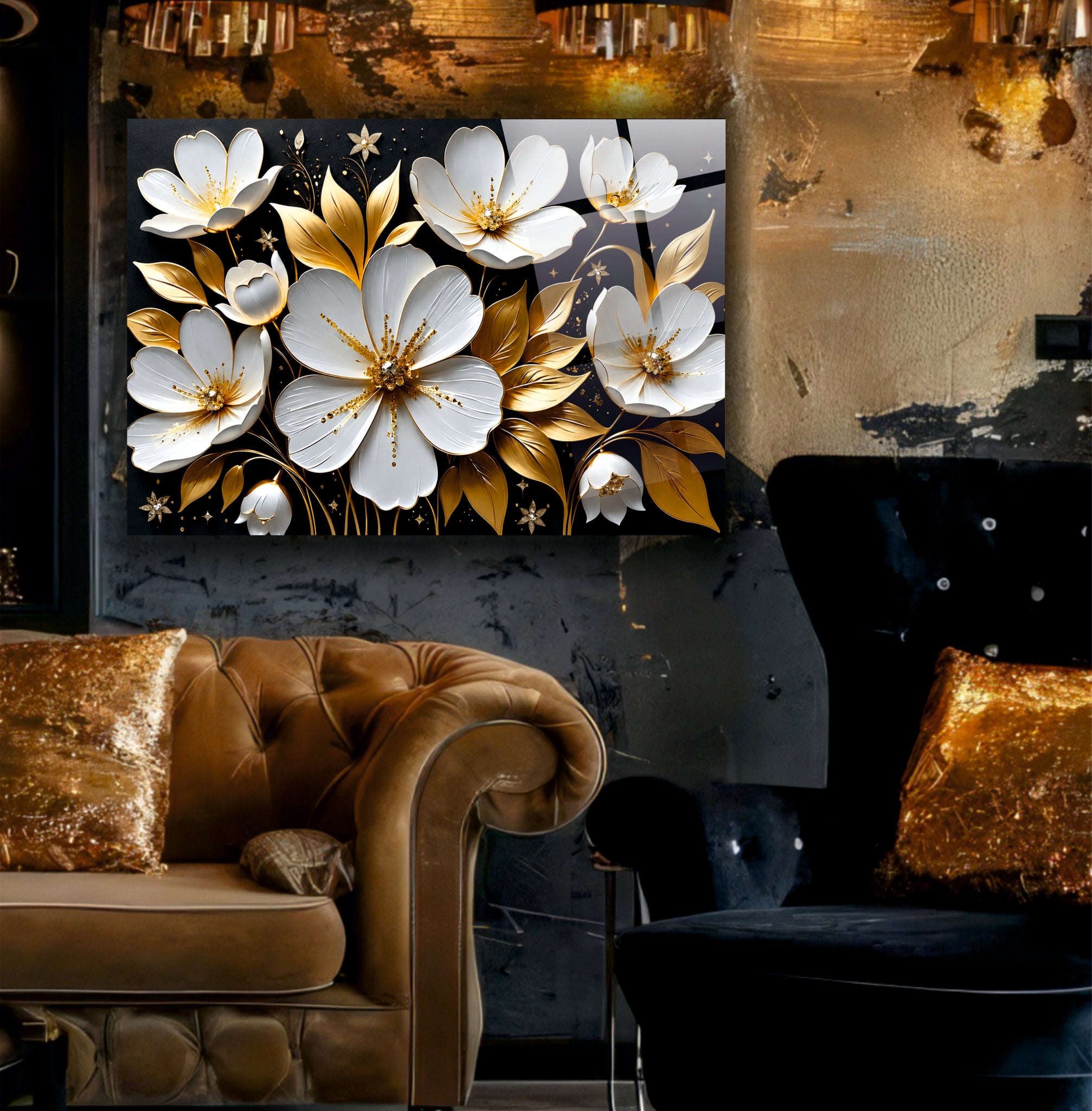 POPÜLER-88 Siyah Gold Beyaz Çiçekler Dekoratif Cam Tablo