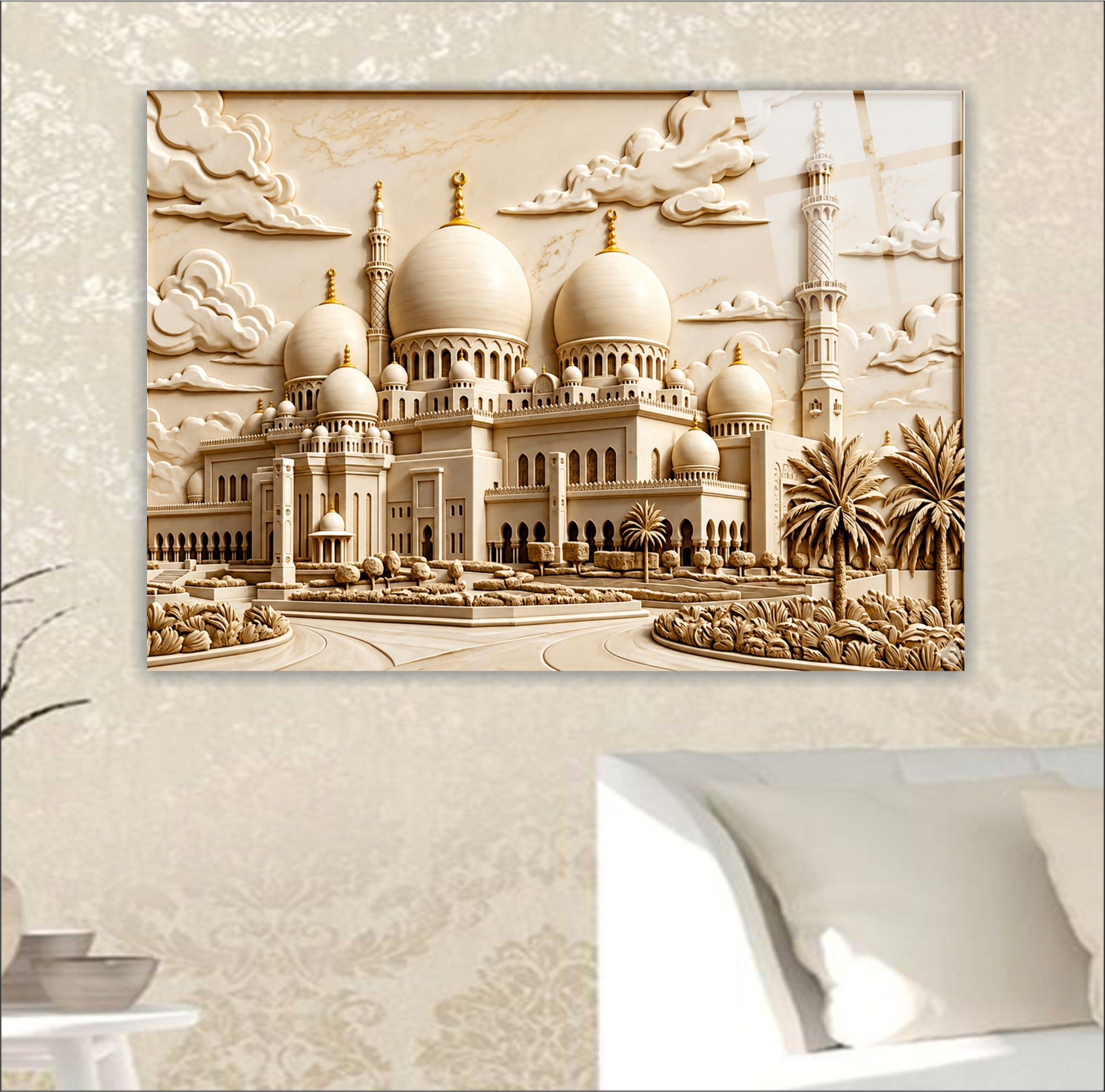 POPÜLER-91 Gold Krem Cami ve Minare Temalı Dekoratif Cam Tablo