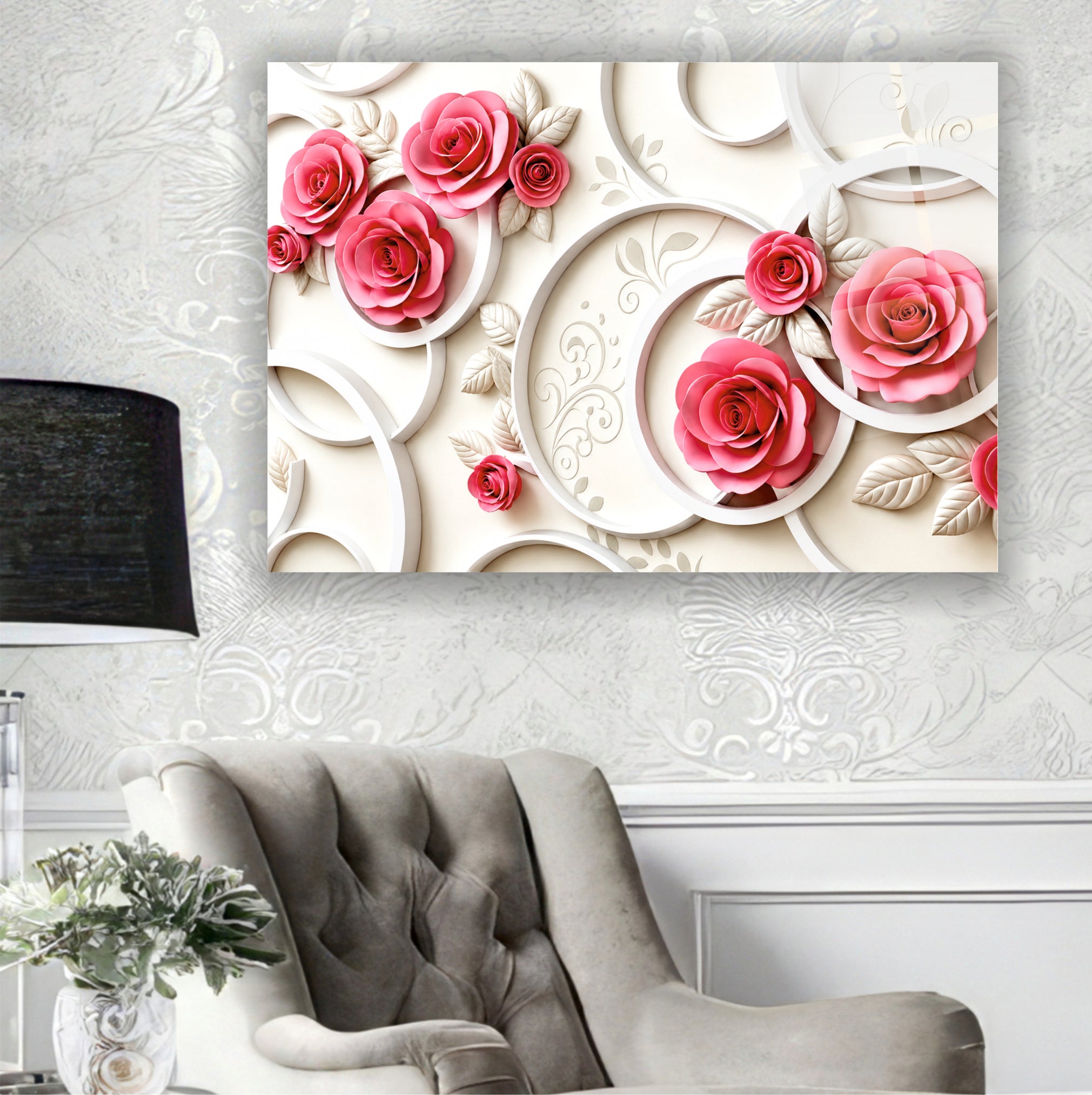 POPÜLER-92 Pembe Güller ve Beyaz Desenler Dekoratif Cam Tablo